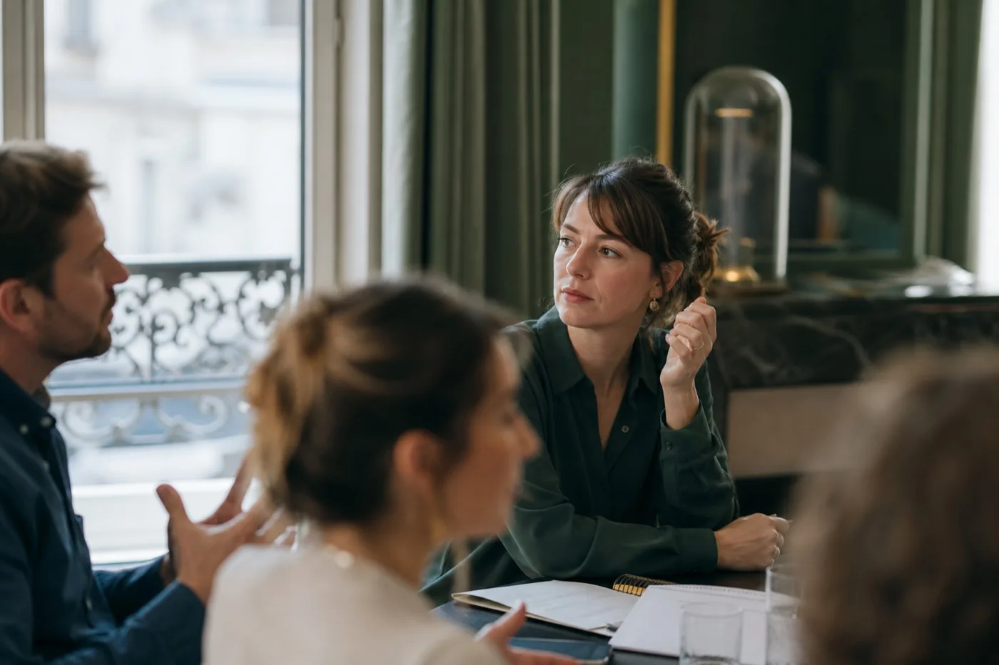 Professionnelle qui hésite à prendre la parole pendant une réunion, illustrant l'autocensure