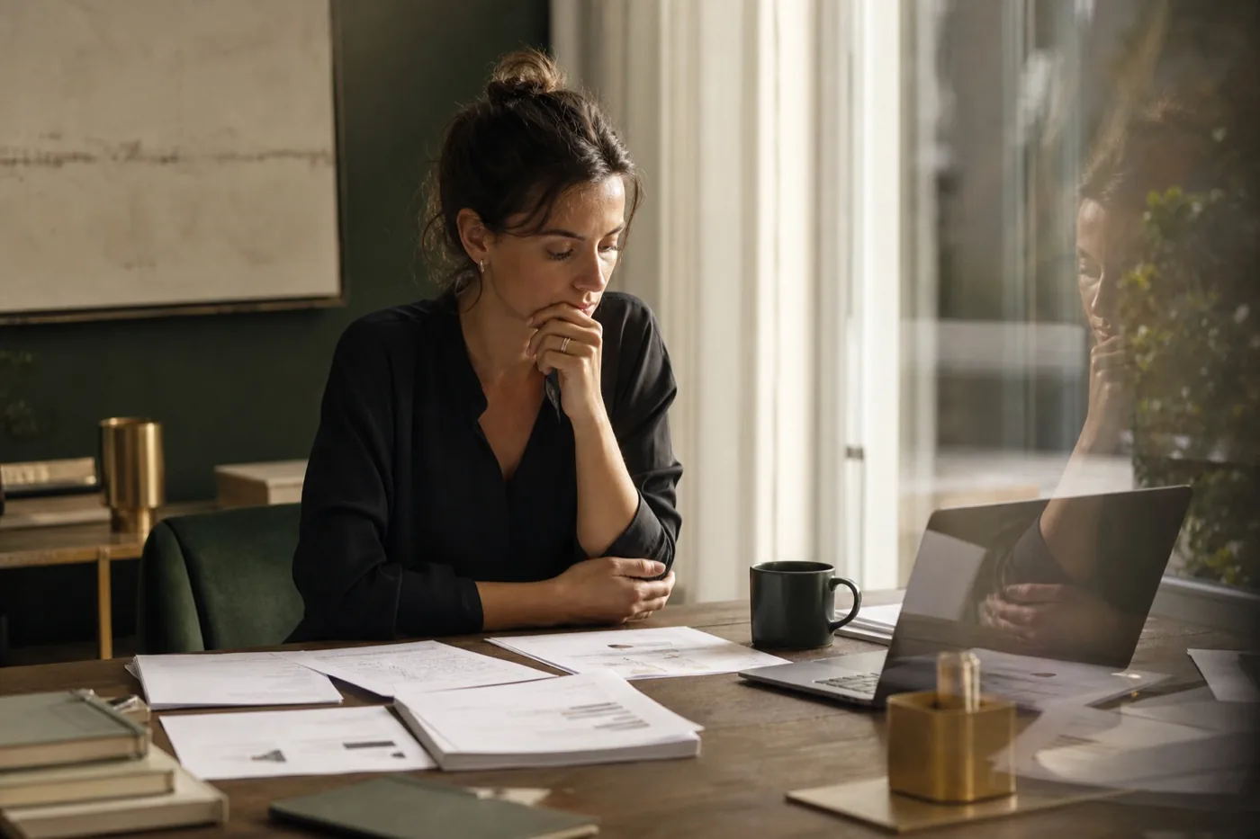 Professionnelle relisant son travail, illustrant l'exigence et la critique intérieure