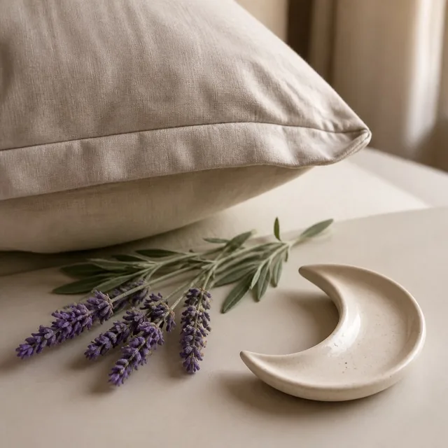 Oreiller, lavande et lune représentant le sommeil et la récupération