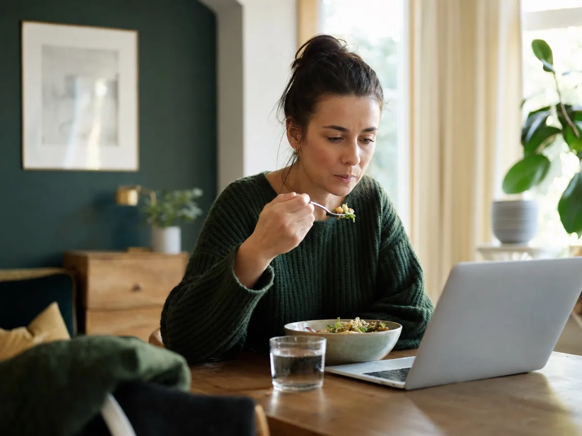Repas pris devant un ordinateur, illustrant une alimentation automatique et distraite