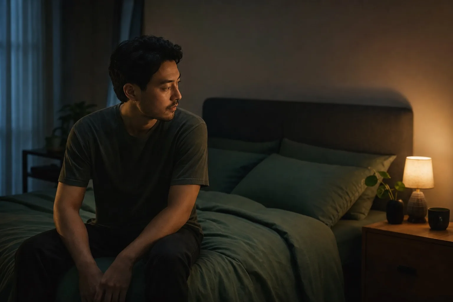 Personne éveillée le soir regardant l'heure, illustrant l'anticipation d'une mauvaise nuit