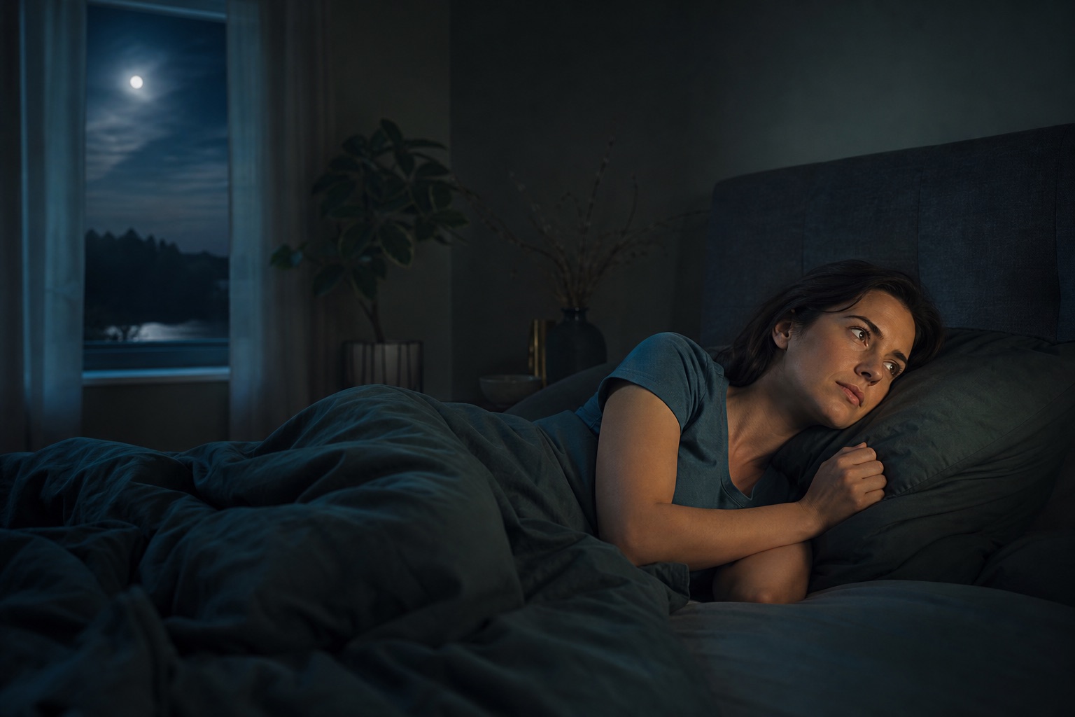Personne réveillée dans une chambre calme, illustrant les réveils nocturnes