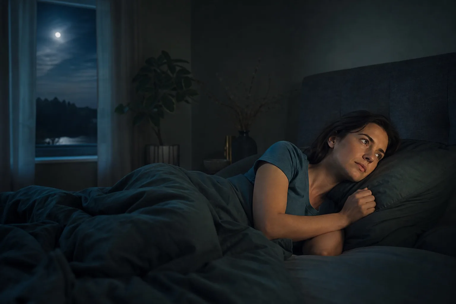 Personne réveillée dans une chambre calme, illustrant les réveils nocturnes
