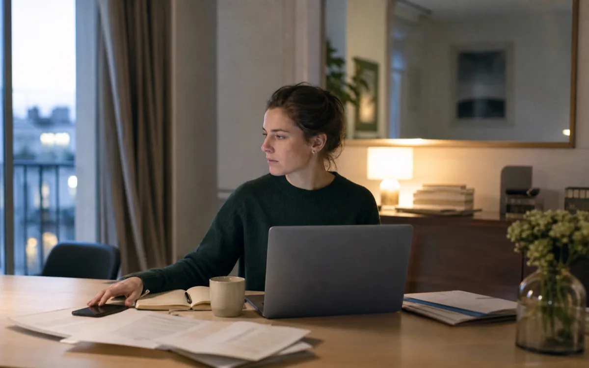 Femme sollicitée par son travail et ses tâches quotidiennes, illustrant un état d'alerte permanent