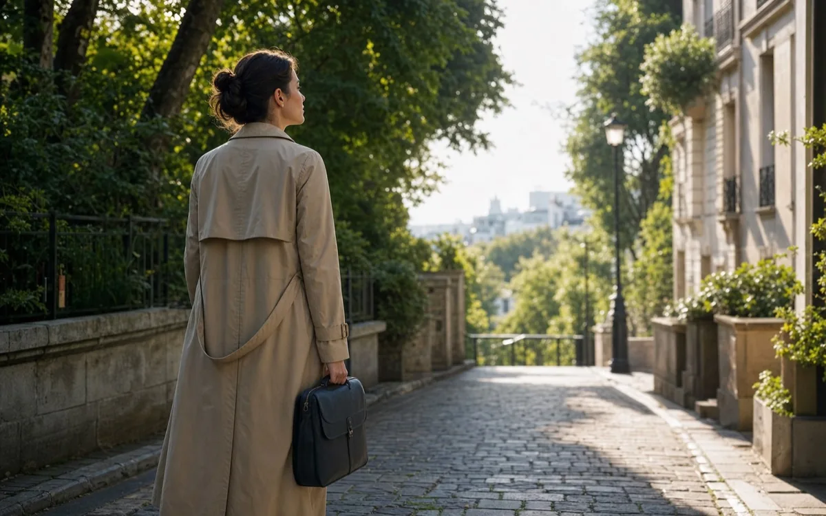 Femme faisant une pause sur un chemin lumineux, illustrant le retour à ses propres repères