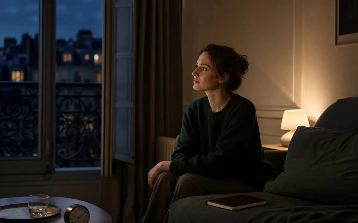 Femme éveillée le soir dans un intérieur calme, illustrant les pensées qui continuent après la journée