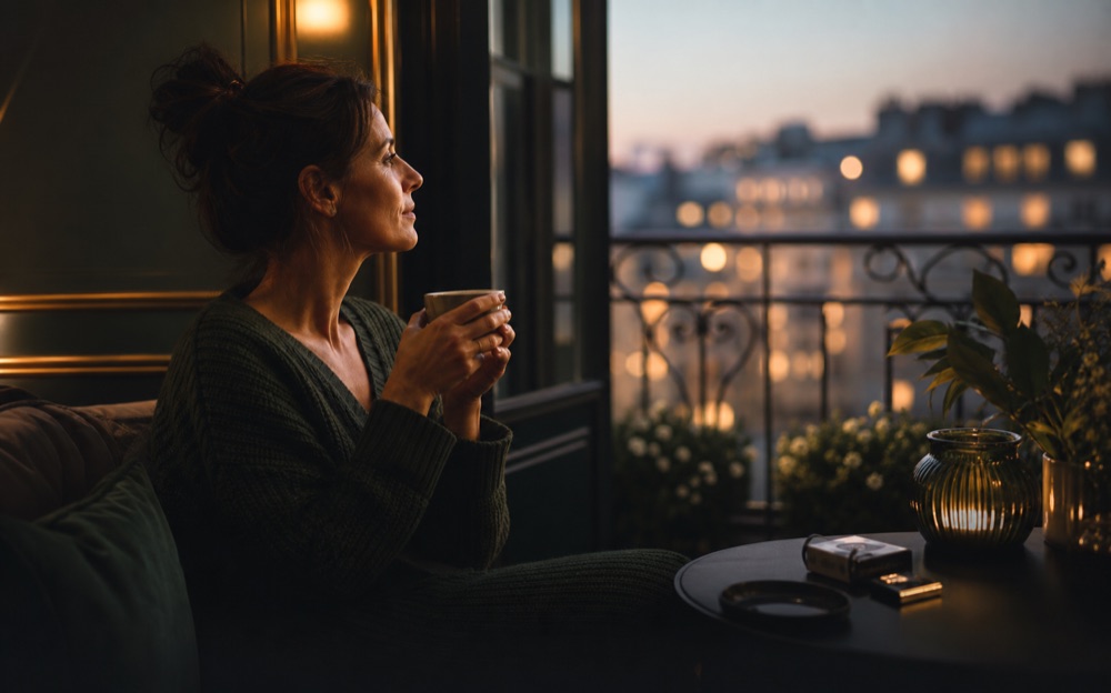 Personne qui prend une pause calme avec une tasse près d'une fenêtre, sans cigarette en main