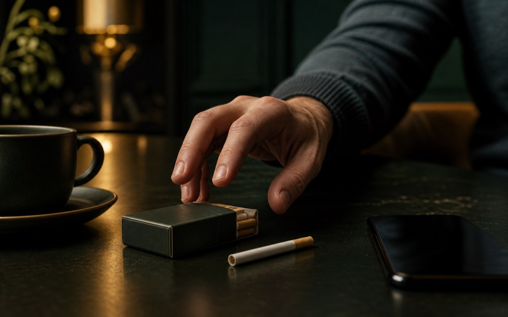 Main qui s'approche automatiquement d'un paquet de cigarettes près d'un café et d'un téléphone
