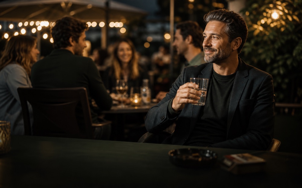 Personne détendue en terrasse pendant une situation sociale du soir