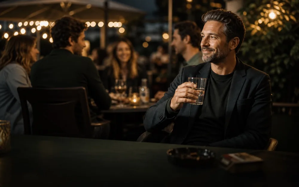 Personne détendue en terrasse pendant une situation sociale du soir