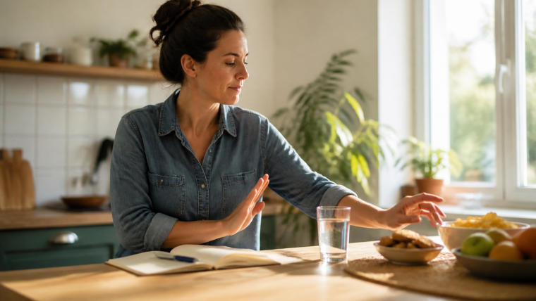 Femme à table qui repousse des aliments, avec un verre d’eau et un carnet ouvert