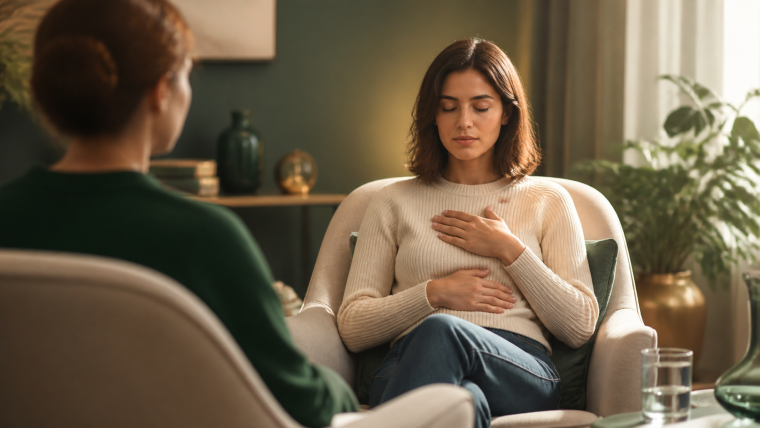 Femme assise en séance d’hypnose, les mains sur la poitrine et le ventre, en posture de relaxation