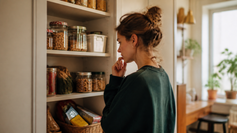 Femme hésitant devant un placard ouvert, en train de chercher quoi manger sans faim