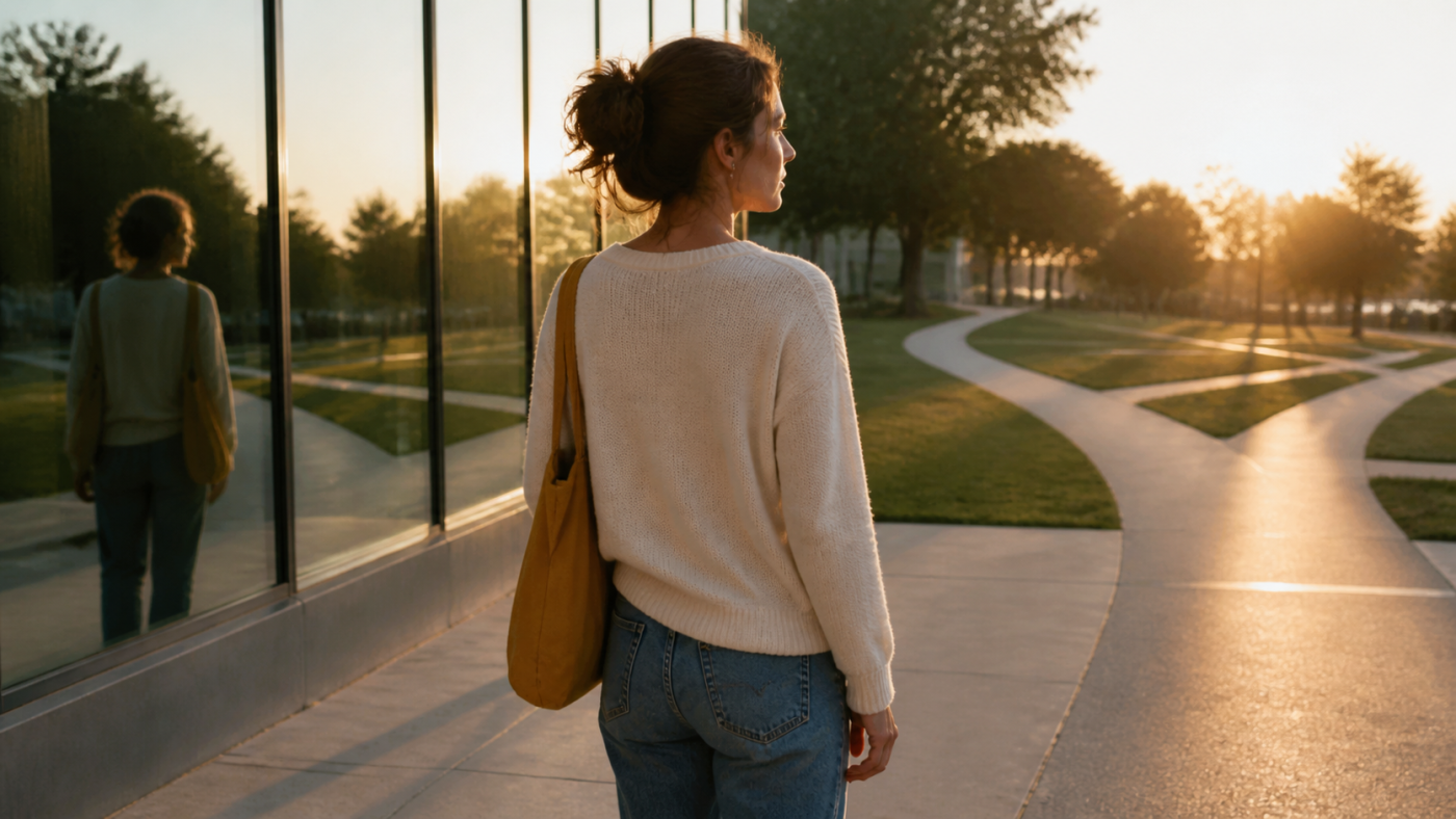 Femme seule marchant au coucher du soleil, reflet dans une vitre, évoquant la rupture et le deuil amoureux