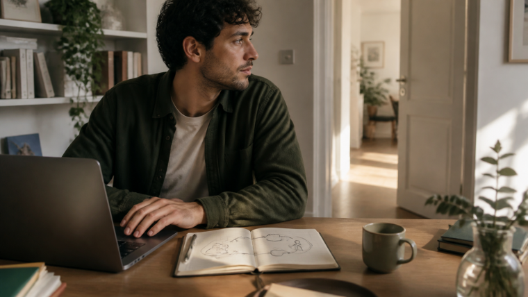 Homme assis à un bureau, regardant au loin, avec un carnet ouvert et un ordinateur portable