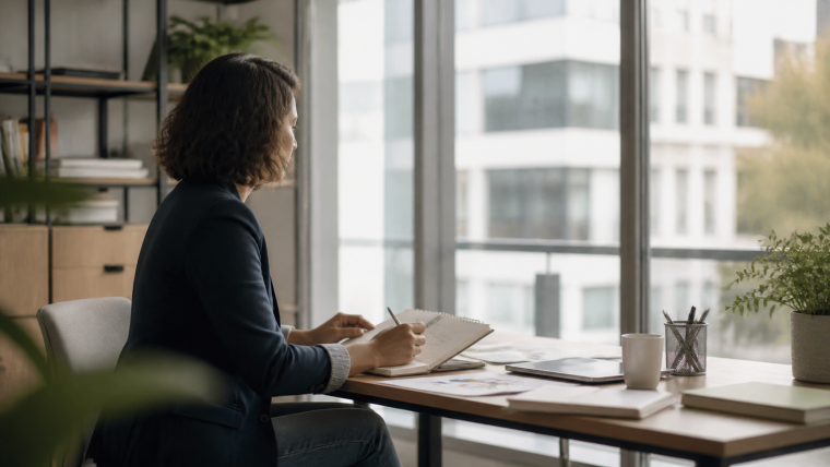 Personne écrivant dans un carnet à un bureau près d’une grande fenêtre