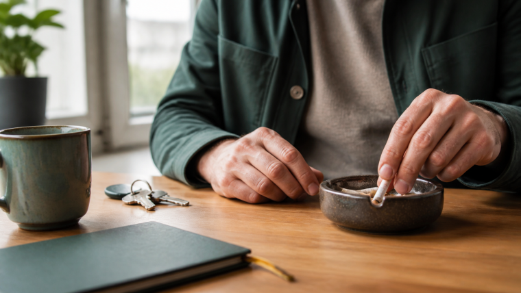 Personne éteignant une cigarette dans un cendrier, avec des clés et un carnet sur la table