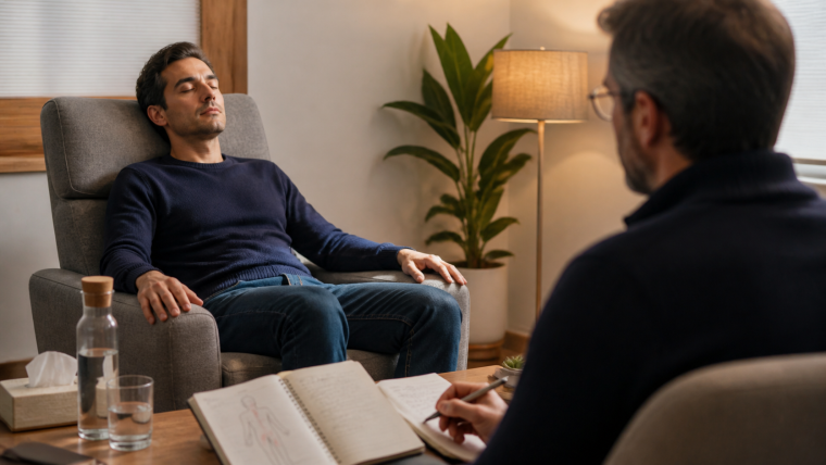 Séance d’hypnose avec un patient assis, les yeux fermés, face à un praticien qui prend des notes