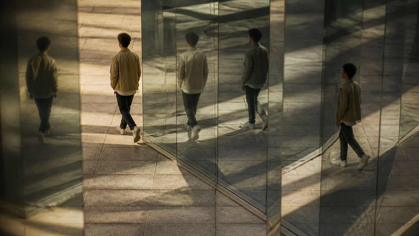 Un homme marche entre des parois de verre, avec plusieurs reflets de lui-même