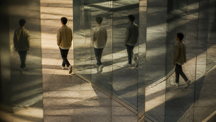 Un homme marche entre des parois de verre, avec plusieurs reflets de lui-même