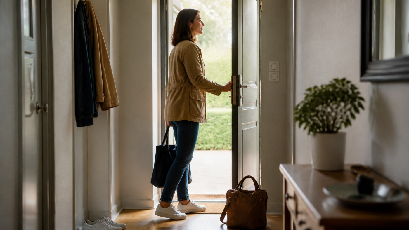 Une femme ouvre la porte de chez elle, prête à sortir et à passer à l’action