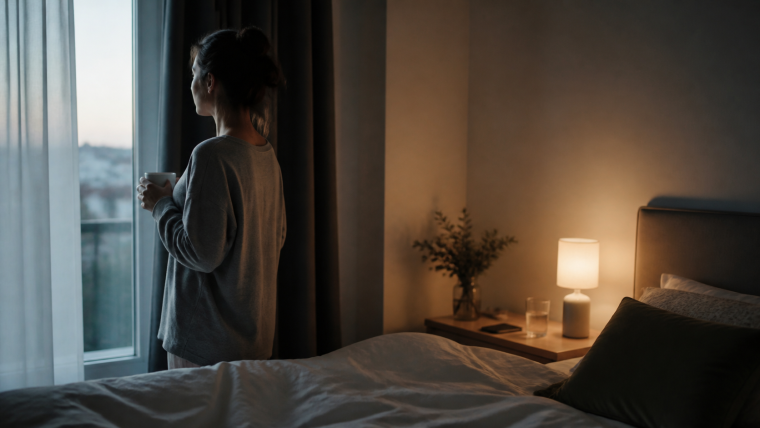 Une personne tient une tasse près d’une fenêtre, dans une chambre peu éclairée