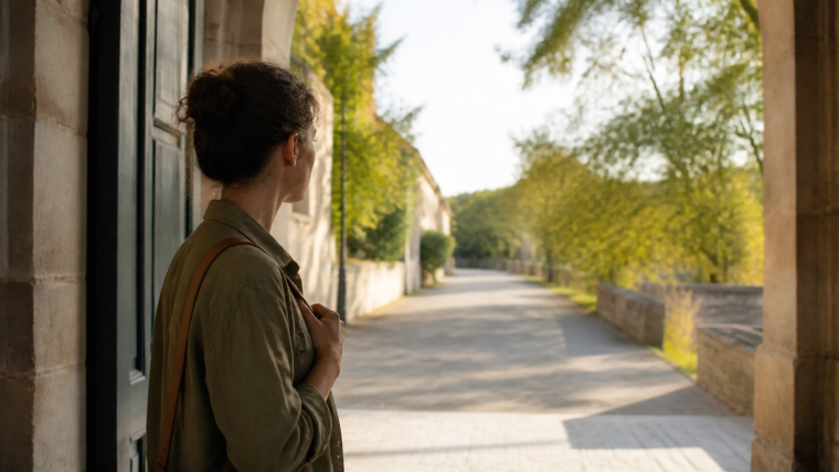 Femme à l’entrée d’un bâtiment, observant avec hésitation le chemin qui s’étend devant elle