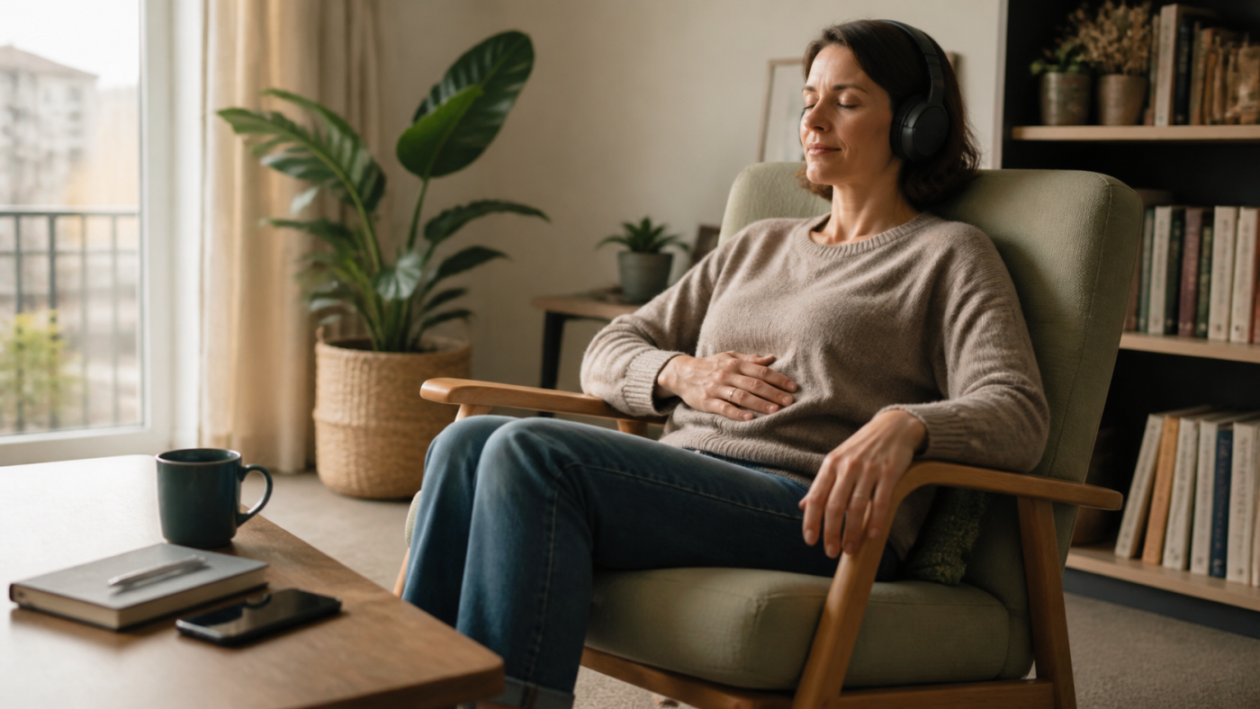 Femme assise, les yeux fermés, une main sur l’abdomen et un casque audio, dans un intérieur calme