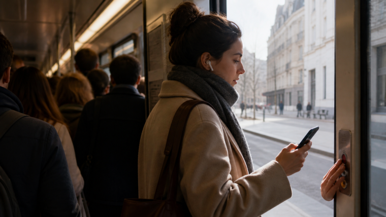 Femme dans un bus bondé, consultant son téléphone près de la porte
