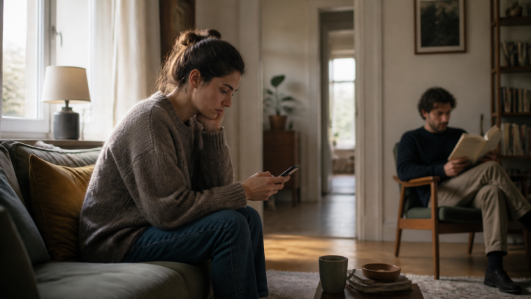 Femme préoccupée par son téléphone tandis qu’un homme lit dans la même pièce