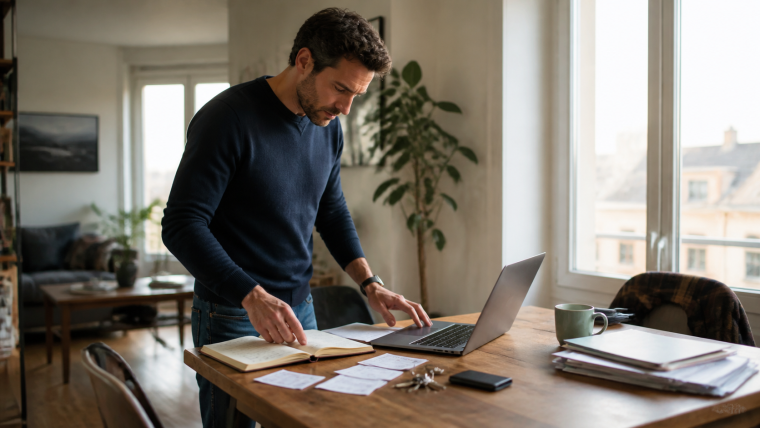 Homme consultant des notes et des documents devant un ordinateur portable