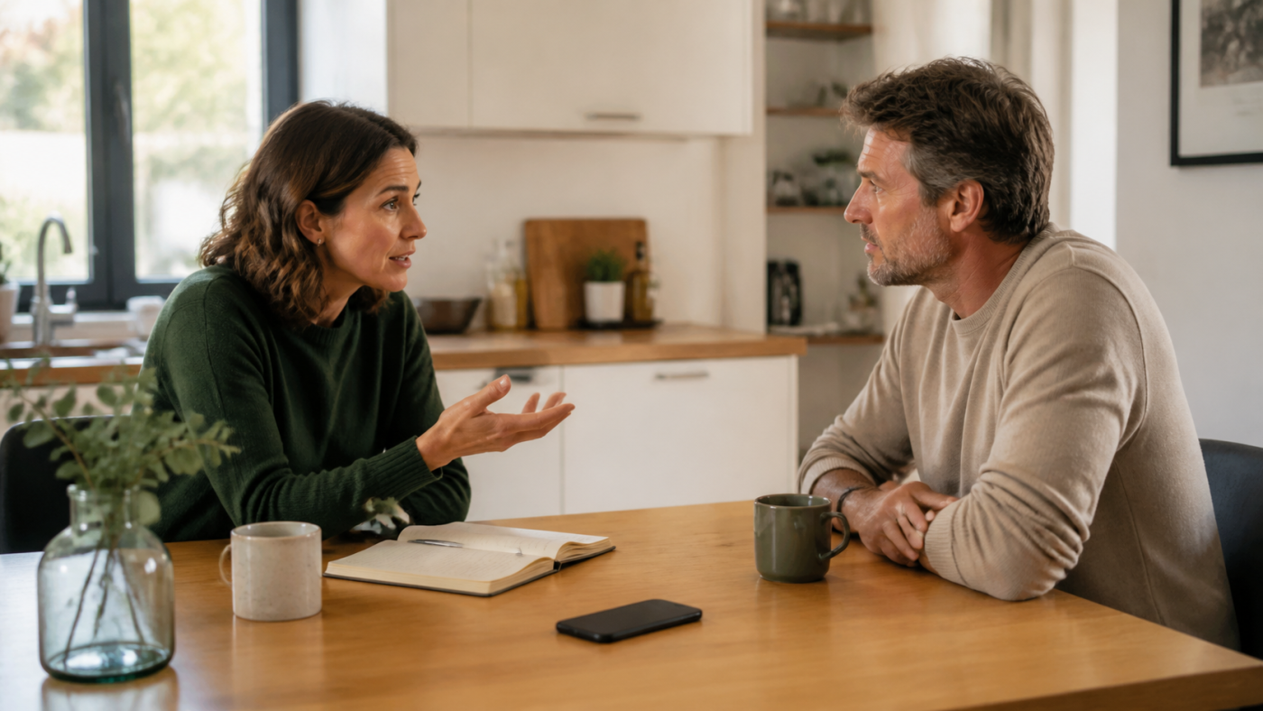 Un couple échange autour d’une table, la femme s’exprime tandis que l’homme l’écoute
