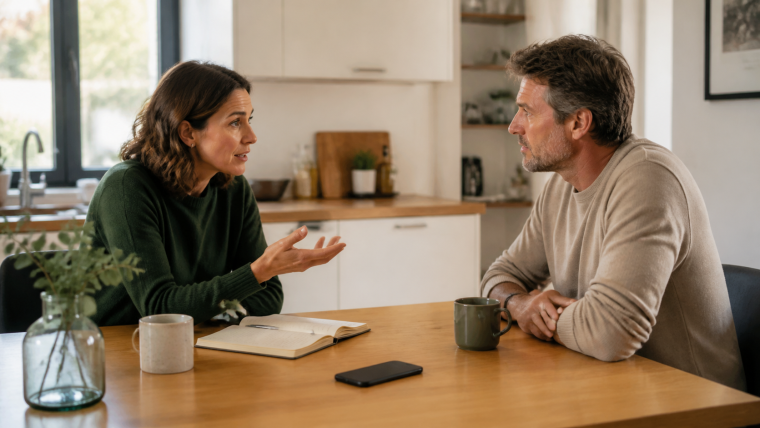 Un couple échange autour d’une table, la femme s’exprime tandis que l’homme l’écoute