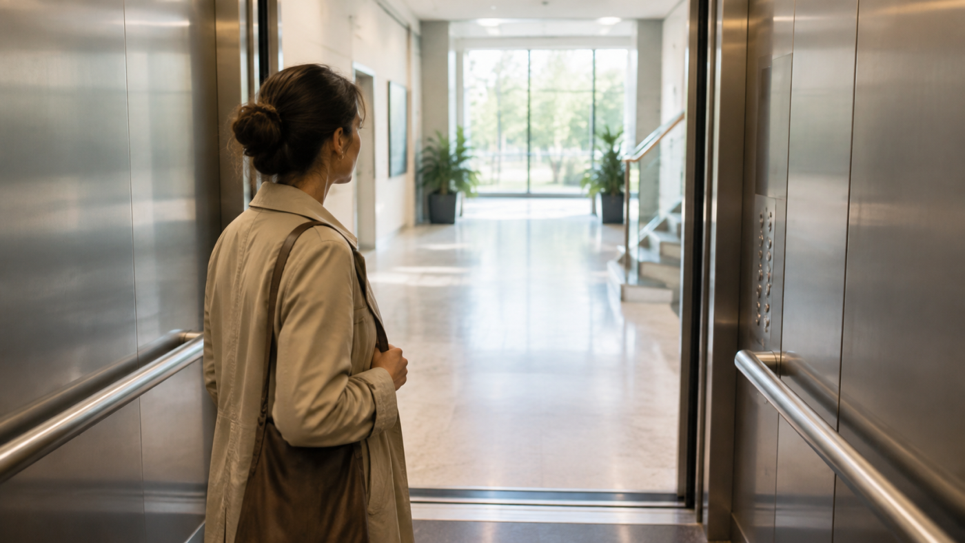 Femme dans un ascenseur ouvert, regardant le hall