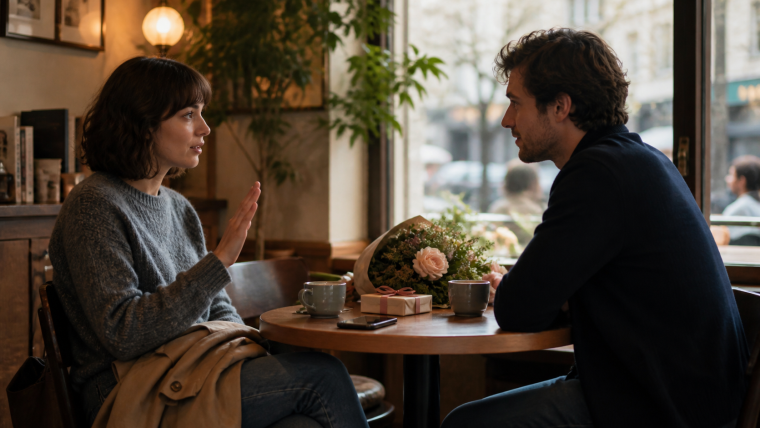 Un couple échange dans un café, la femme levant la main pour poser une limite
