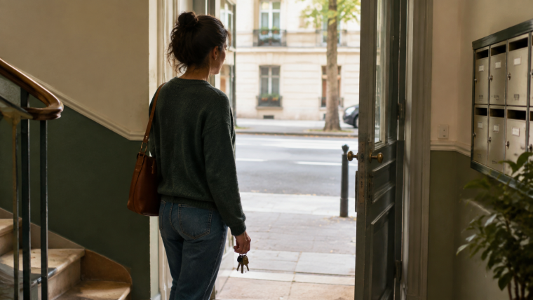 Une personne s’apprête à sortir d’un immeuble, un trousseau de clés à la main